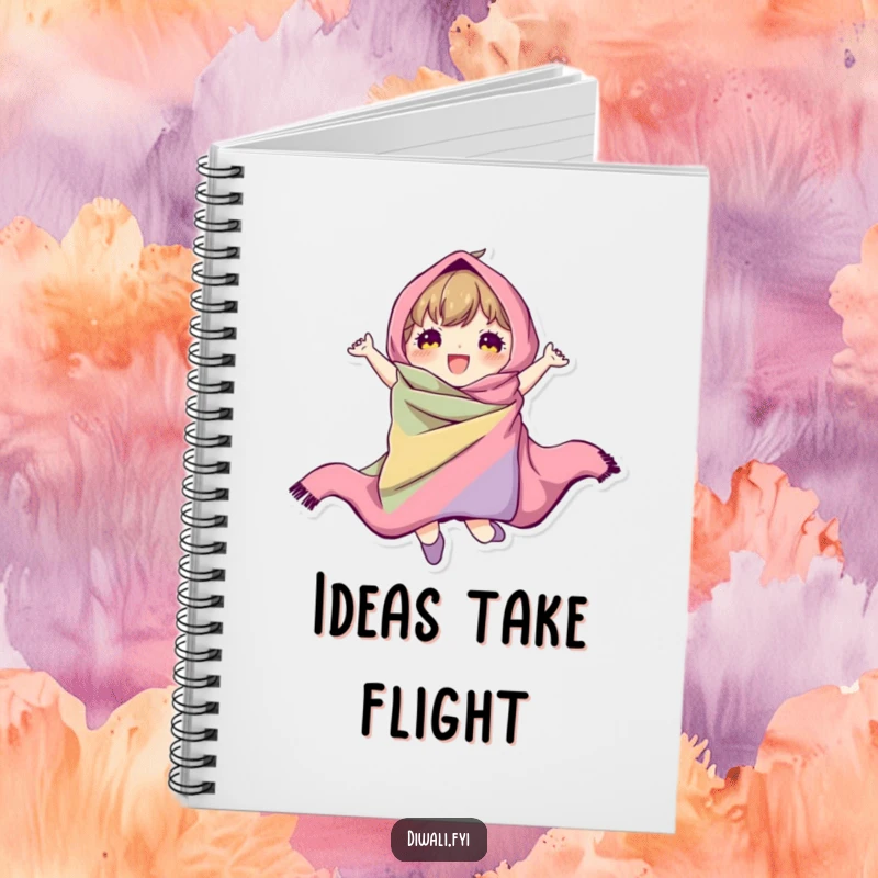 A character humorously jumping, enveloped in colorful fabric, depicted in a notebook for capturing energetic ideas.