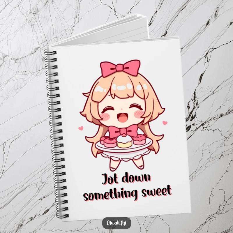 Funny happy character smiling, offering a plate of sweets with a bow, perfect for jotting ideas.