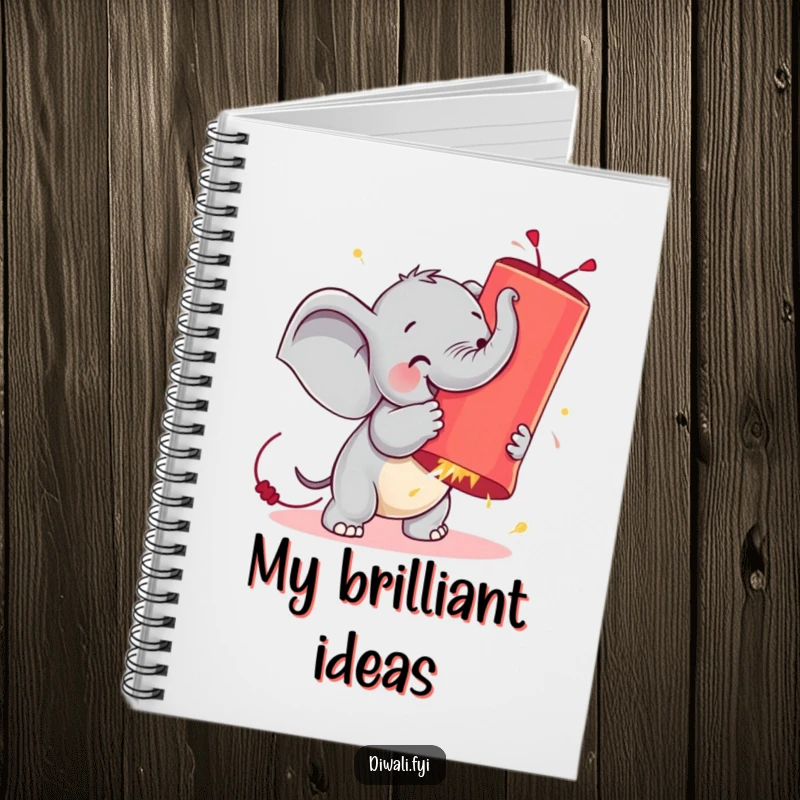 Funny notebook cover with a tiny elephant heroically wrestling a huge, glowing firecracker, perfect for humorous note-taking.