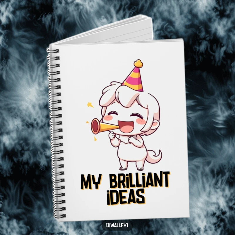 Funny notebook cover with a character joyfully blowing a party horn and laughing, inviting creativity and lightheartedness for all your writing needs.