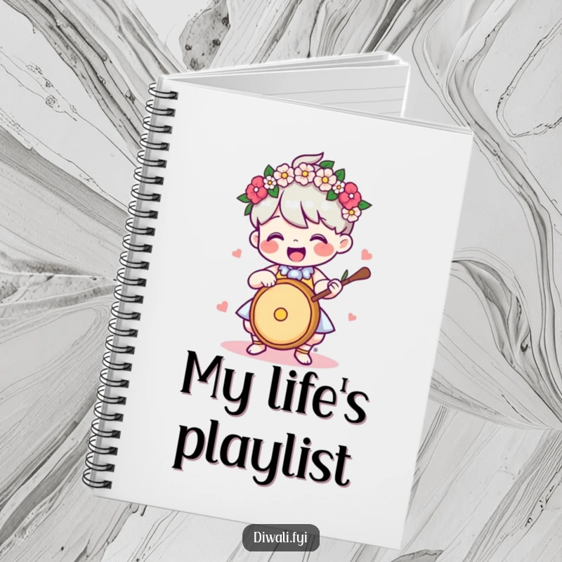 Funny Notebook: Delighted character with a flower garland, playing a drum, perfect for journaling and music notes.