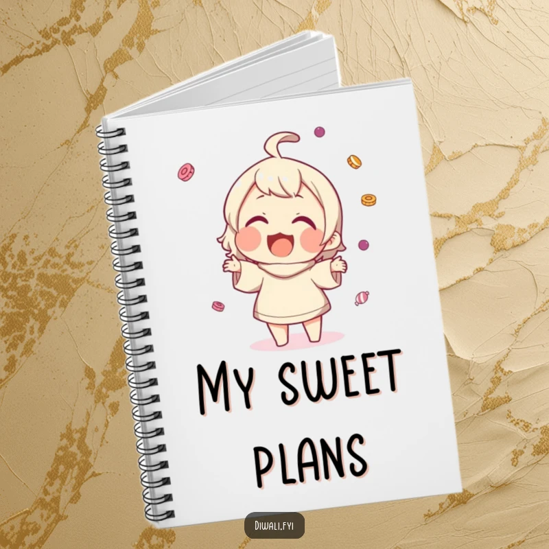 Funny notebook cover with a character gleefully tossing small sweets, smiling widely, symbolizing sweet ideas and happy thoughts.