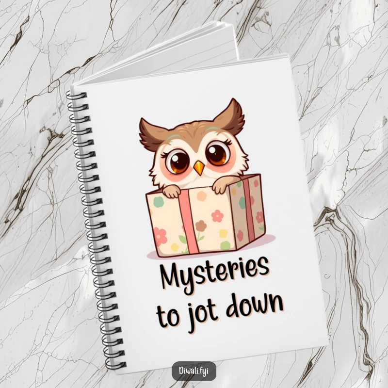 Funny notebook adorned with a surprised owl peeking from a decorated gift box, inspiring fun thoughts and creative ideas.