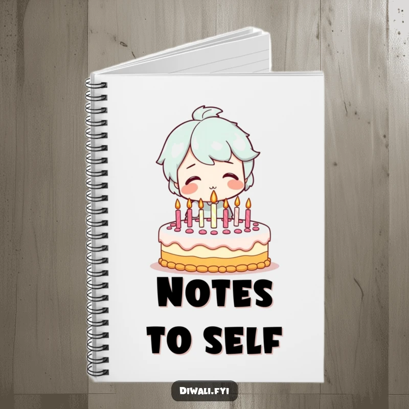 Funny notebook featuring a smiling character blowing out candles on a festive birthday cake, perfect for jotting down wishes and happy memories.