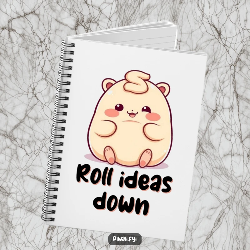 Funny notebook with a plump, giggling ladoo character rolling playfully, great for journaling and notes.