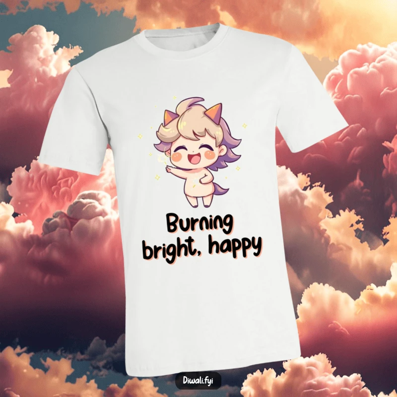 Funny joyful character with a fiery aura spinning a sparkler on a t-shirt, showcasing vibrant energy and a celebratory spirit.