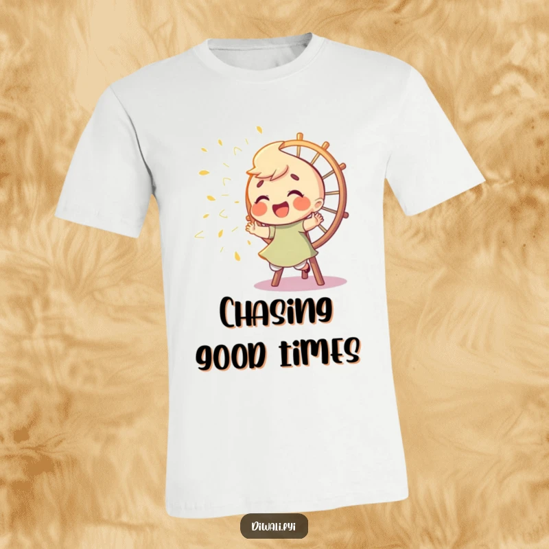 Funny t-shirt depicting a giggling character enthusiastically chasing sparks from a spinning Catherine wheel, embodying playful joy and energetic fun.
