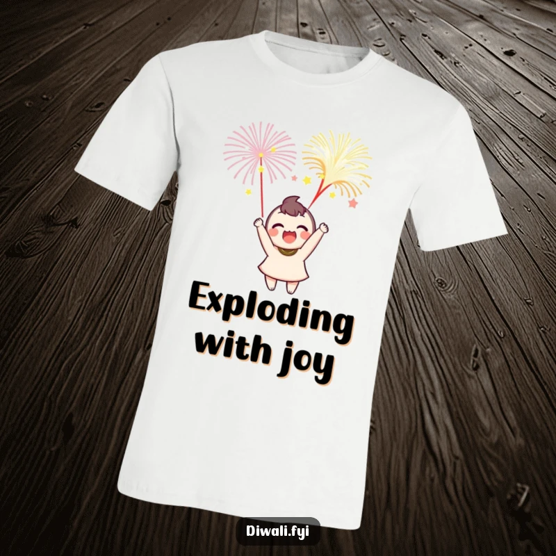 Funny T-shirt featuring a delighted character enthusiastically launching colorful fireworks, perfect for festive fun.