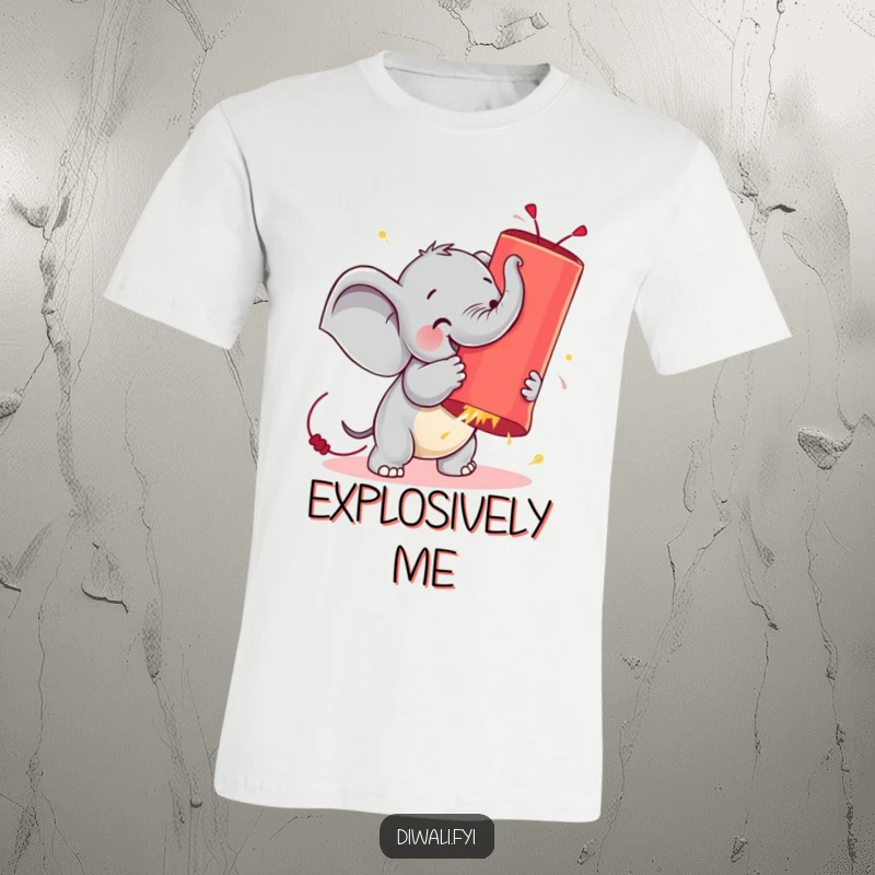 Funny t-shirt depicting a small elephant enthusiastically fighting a massive, glowing firecracker, highlighting playful bravery.