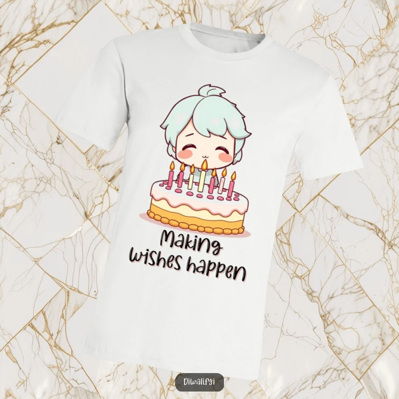 Funny t-shirt showing a smiling character joyfully blowing out candles on a decorated birthday cake, celebrating a special occasion with happiness.