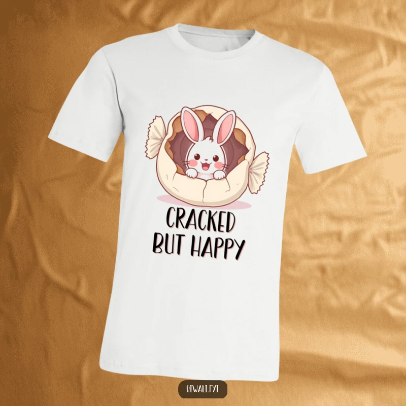 Funny t-shirt depicting a startled bunny peeking out from a huge, ripped sweet wrapper, expressing comical shock.