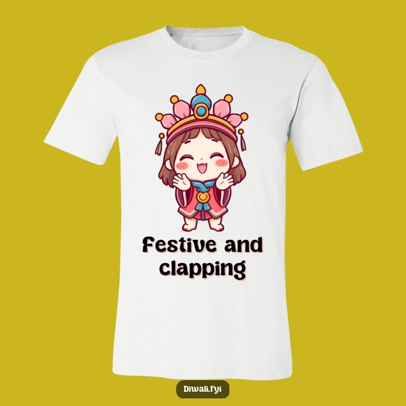 Funny Celebration Character T-Shirt: Happy character festive headdress clapping, a party-ready funny gift.