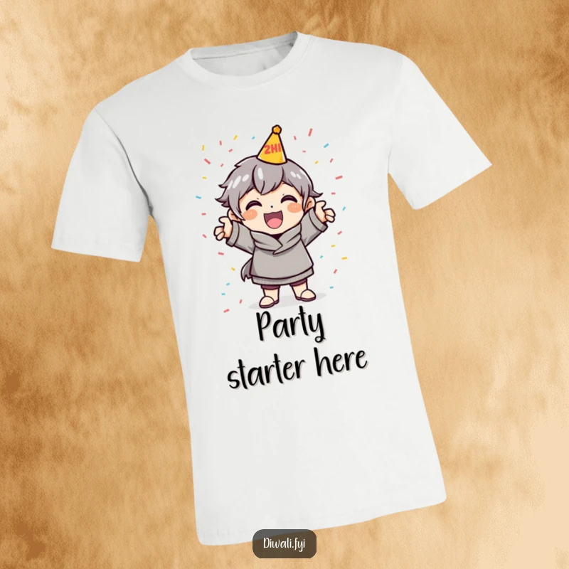 Funny Celebration T-Shirt: A cheerful character poses triumphantly, showered in confetti, embodying pure celebratory excitement.