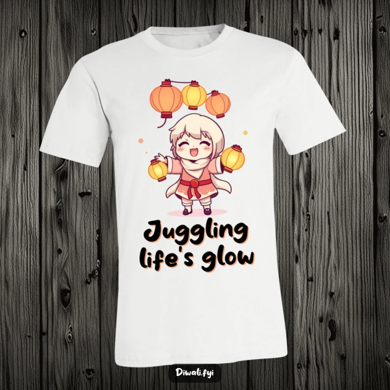 Funny T-shirt with a delighted character effortlessly juggling glowing lanterns, symbolizing joy, skill, and luminous fun.