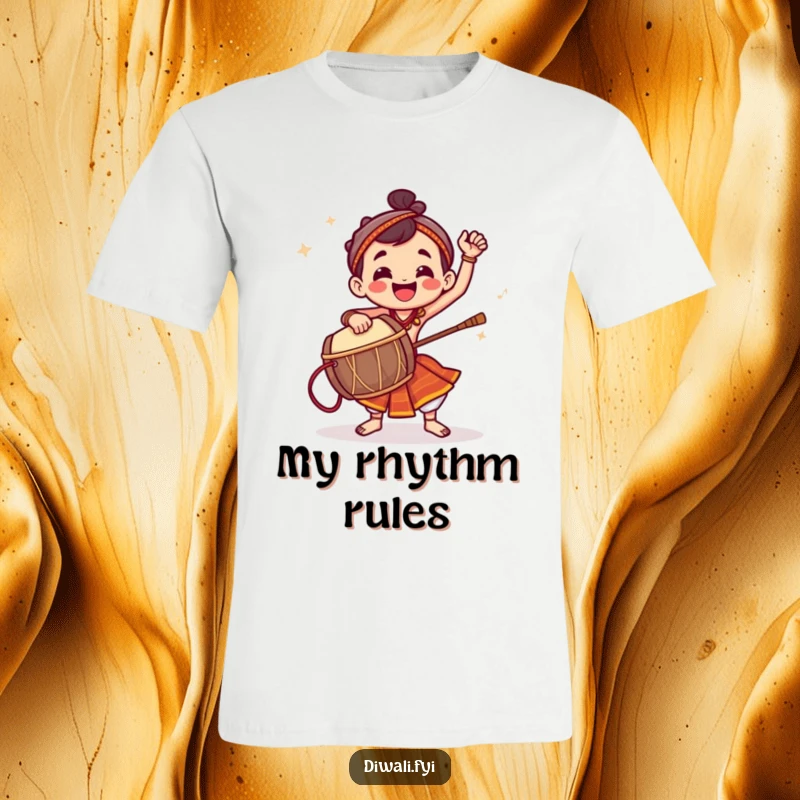 Funny t-shirt of a jubilant character striking a dhol drum with intense energy and rhythmic flair.