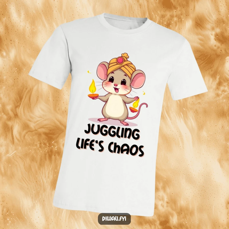 Funny t-shirt featuring a startled mouse wearing a small turban, hilariously juggling bright, glowing diyas during a festive celebration.