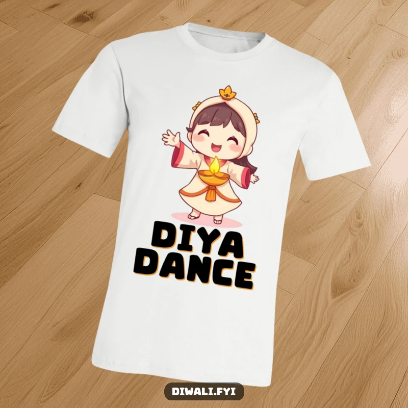 Funny diya dancer t-shirt, smiling character dancing with glowing diya, festive celebration apparel, unique cultural gift.