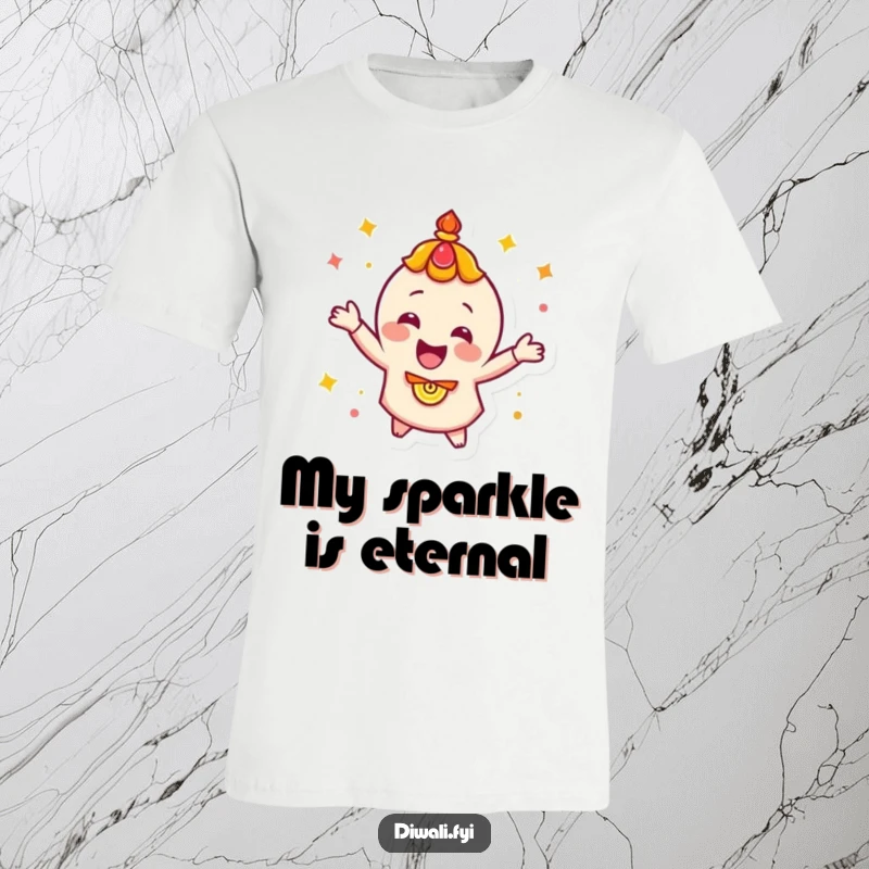 Funny, happy diya character energetically spinning on a comfortable t-shirt, radiating festive cheer and dynamic movement.