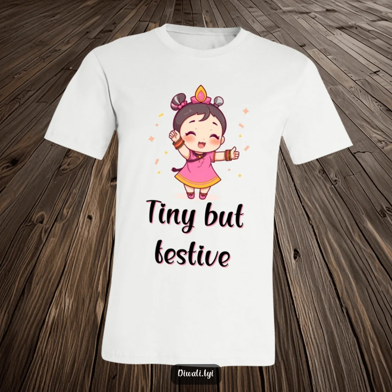Funny t-shirt displaying a small character adorned with colorful festive bangles, striking a proud and celebratory pose.