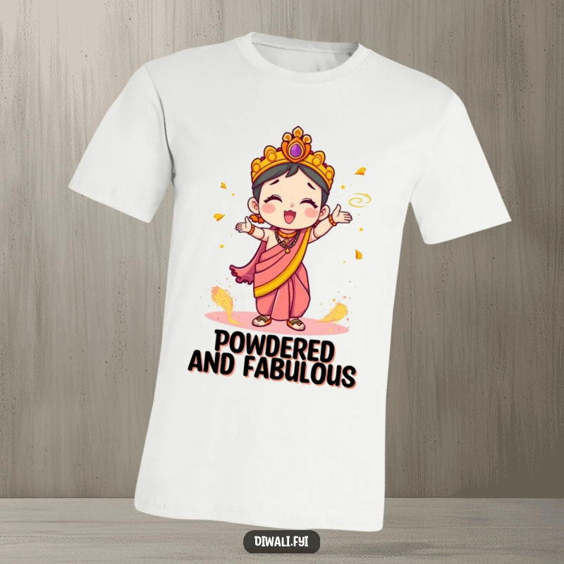 Funny T-Shirt: A cute character in a festive sari joyfully and enthusiastically tossing vibrant Holi powder, radiating happiness.