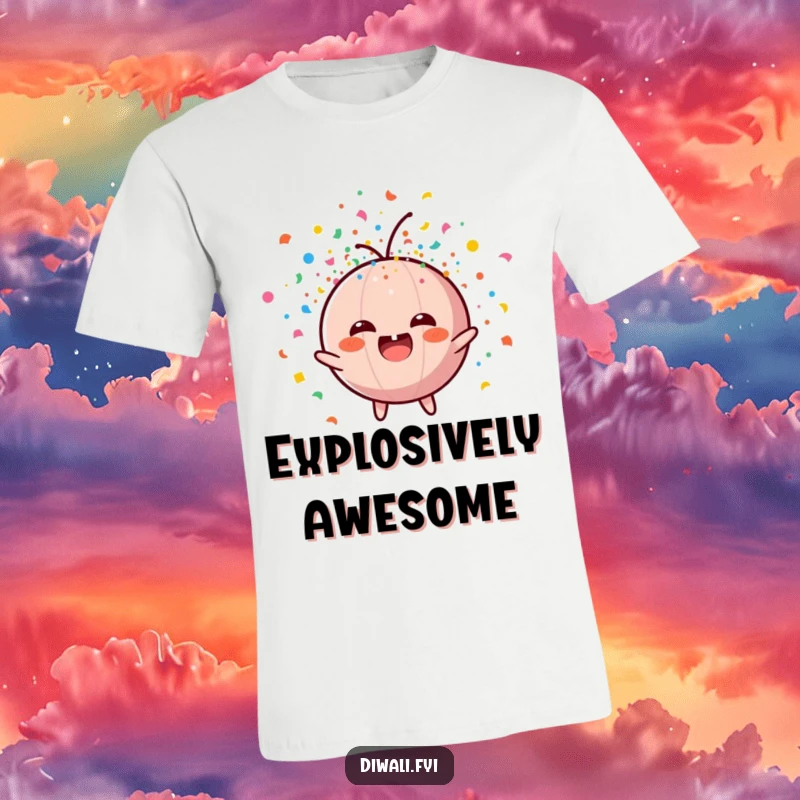 Funny t-shirt featuring a jubilant firecracker character bursting with colorful confetti, a symbol of festive fun.