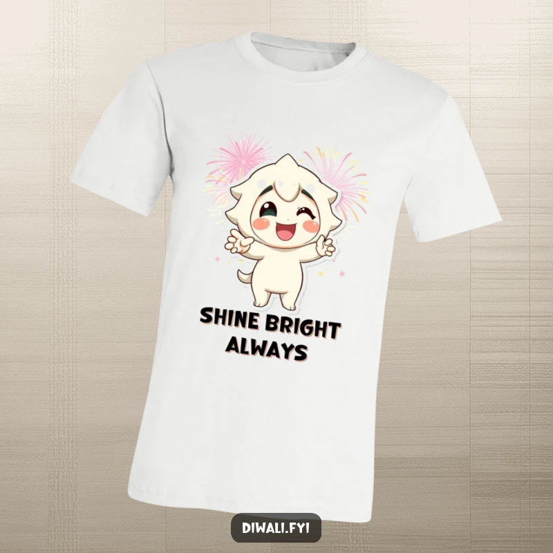 Funny fireworks pose t-shirt with a smiling character striking a dynamic pose, with fireworks bursting behind.