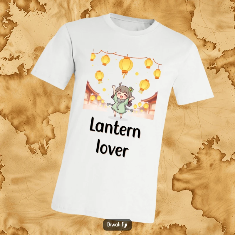 Funny lantern tossing t-shirt, cute character joyfully tossing glowing lanterns, magical celebration apparel, unique festival lover gift.
