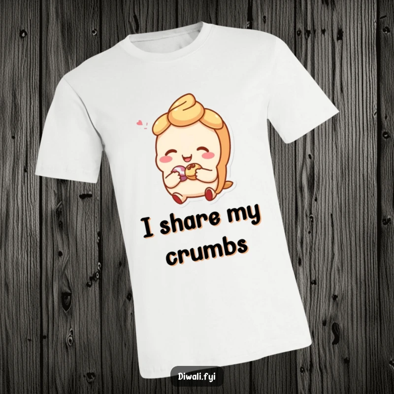 Funny t-shirt with a giggling sweet pastry character sharing a small treat, designed for ultimate comfort and cheerful vibes.