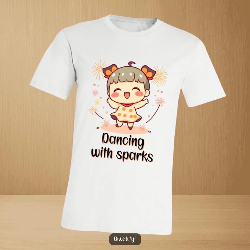 Funny T-shirt showing a playful character dancing amidst small, bursting firecrackers, capturing a dynamic and celebratory mood.
