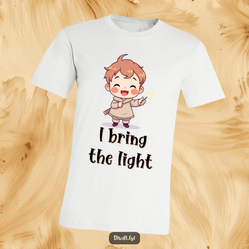 Funny t-shirt featuring a delighted child character holding a sparkler torch, designed for comfort and radiating innocent, magical vibes.