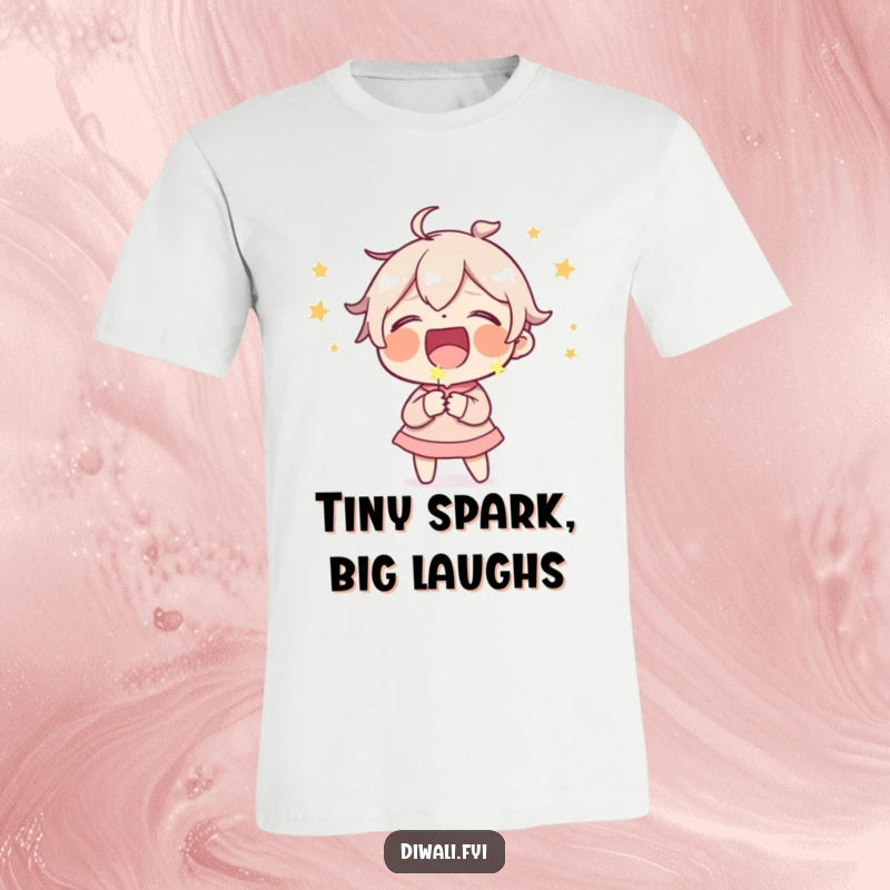 Funny t-shirt showcasing a character doubled over with laughter, a tiny sparkler creating a comedic burst of light.