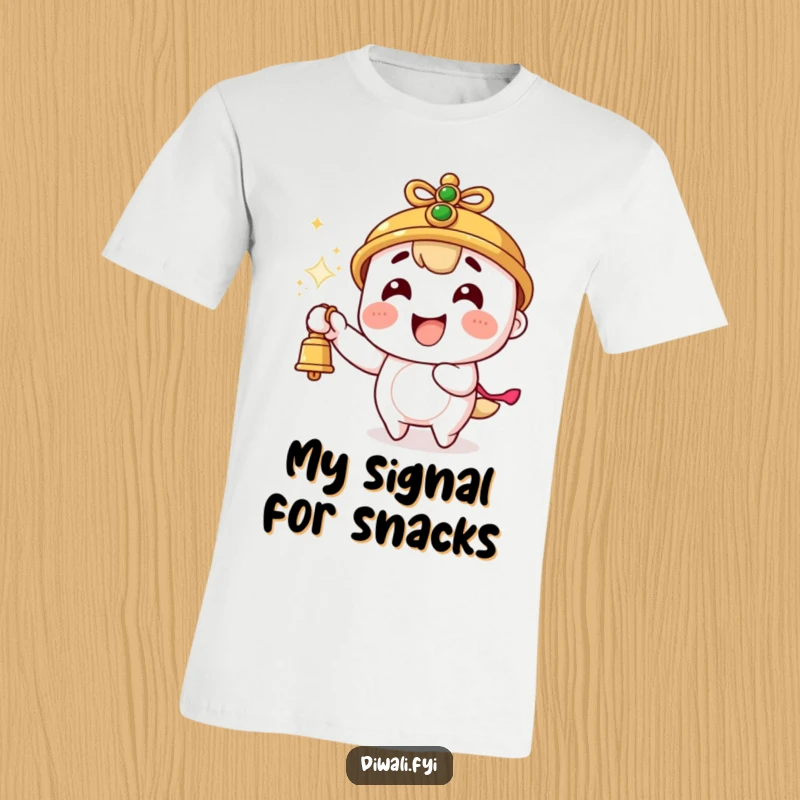 Funny t-shirt with a smiling character enthusiastically ringing a bell, sparks flying around them in a burst of energy.
