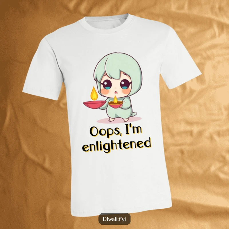 Funny Surprised Diya T-Shirt: A character with a surprised expression holding a diya lamp aloft. Perfect funny gift.