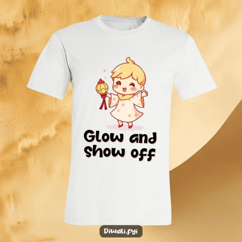 Funny t-shirt of a character doing an exuberant silly dance, holding a tiny, softly glowing diya lantern aloft.