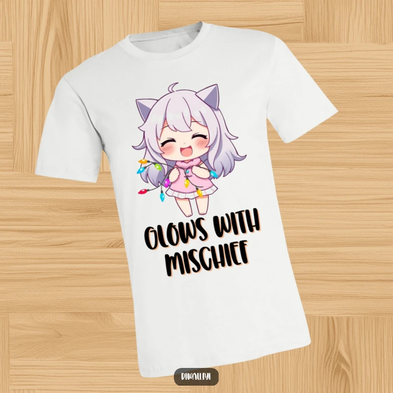 Funny t-shirt featuring a character with a cheeky, joyful smirk, playfully tangled amongst a string of vibrant, colorful lights.