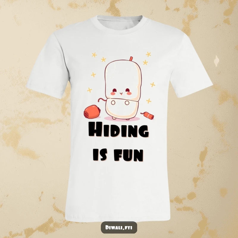 Funny t-shirt depicting a small, curious firecracker character peeking mischievously from behind a larger, silhouetted firecracker.