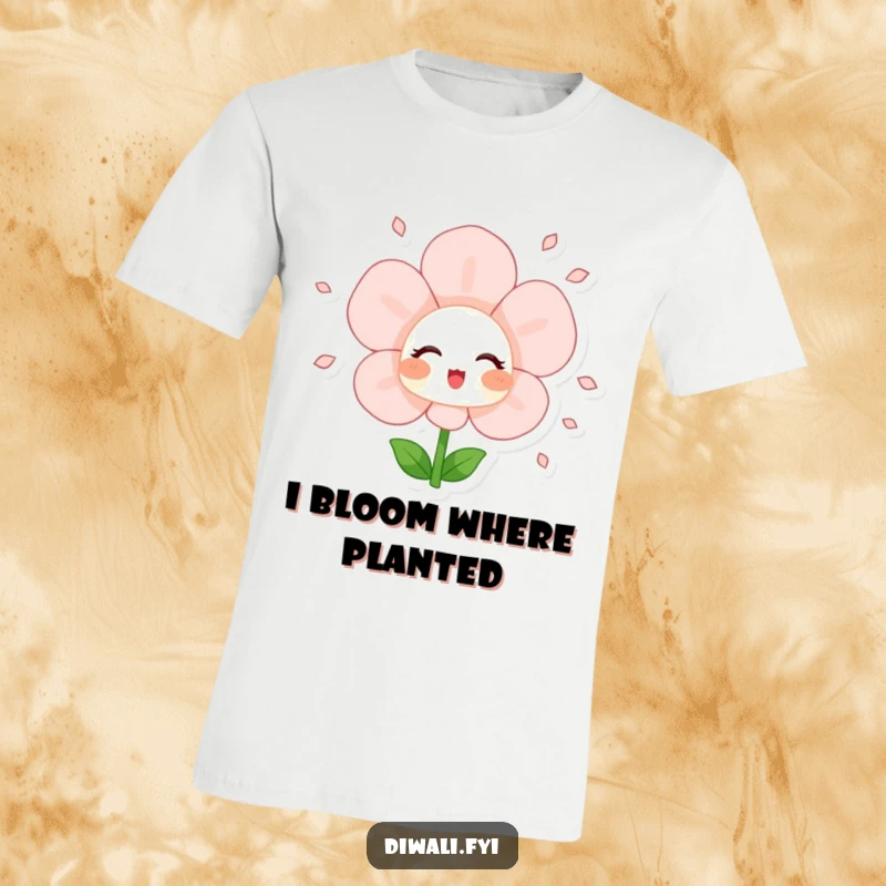 Funny t-shirt featuring a blushing flower character joyfully showering petals, designed for comfort and radiating positive vibes.