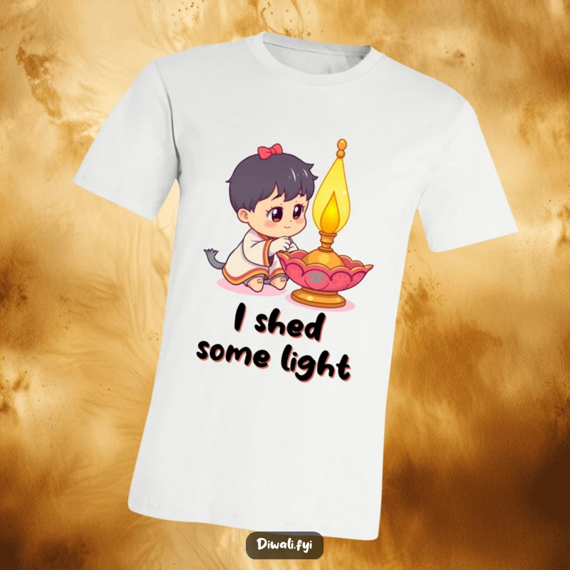 Funny T-shirt featuring a curious character in awe of a vibrantly decorated, lit diya lamp, perfect for festive exploration.
