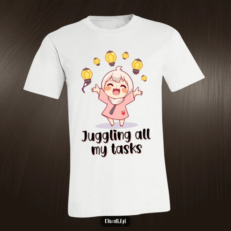 Funny Juggling Lamps T-Shirt: A happy character expertly juggles small glowing lamps, showcasing immense joy and skill.