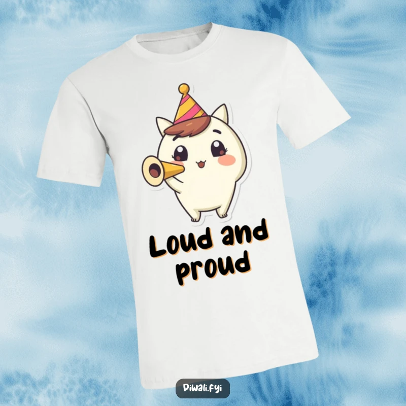 Funny Party Horn T-Shirt: A happy character blows a party horn with wide, excited eyes, creating a festive atmosphere.