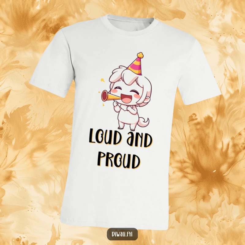 Funny t-shirt featuring a character joyfully blowing a party horn with a wide, infectious laugh, embodying festive spirit and excitement.