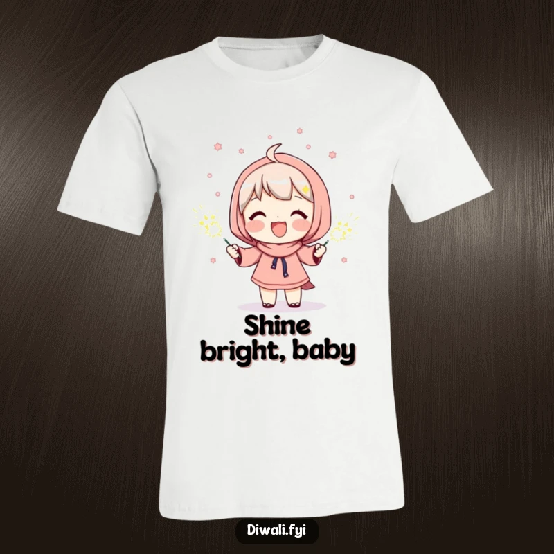 Funny t-shirt depicting a character's radiant smile while holding bright sparklers, symbolizing joy, celebration, and festive excitement.