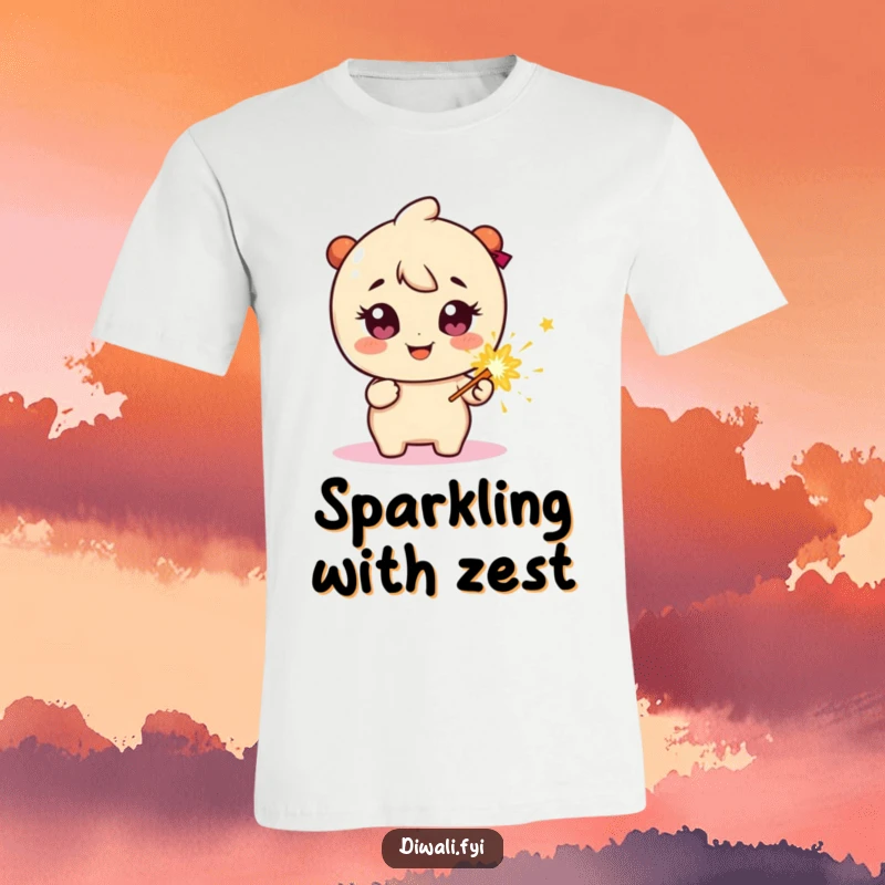 Funny T-Shirt: Happy character with incredibly sparkly eyes, holding a firecracker, radiating joy and anticipation.