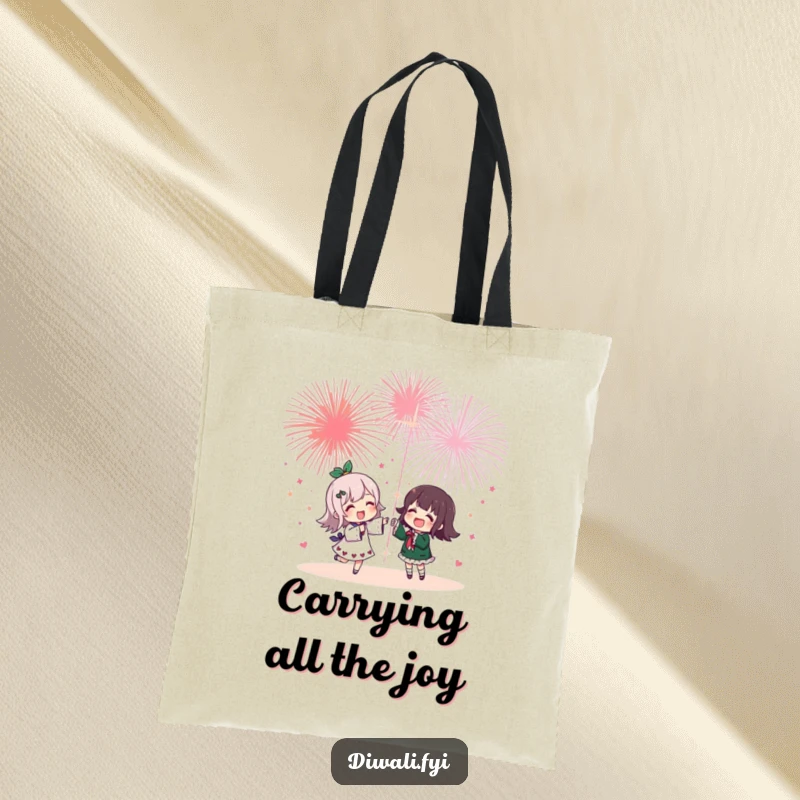 Funny tote bag depicting a cheerful character and friend marveling at a vibrant fireworks display, perfect for carrying essentials with a touch of humor.