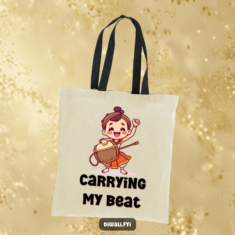 Funny tote bag featuring a jubilant character energetically playing a dhol drum, ready for any beat.