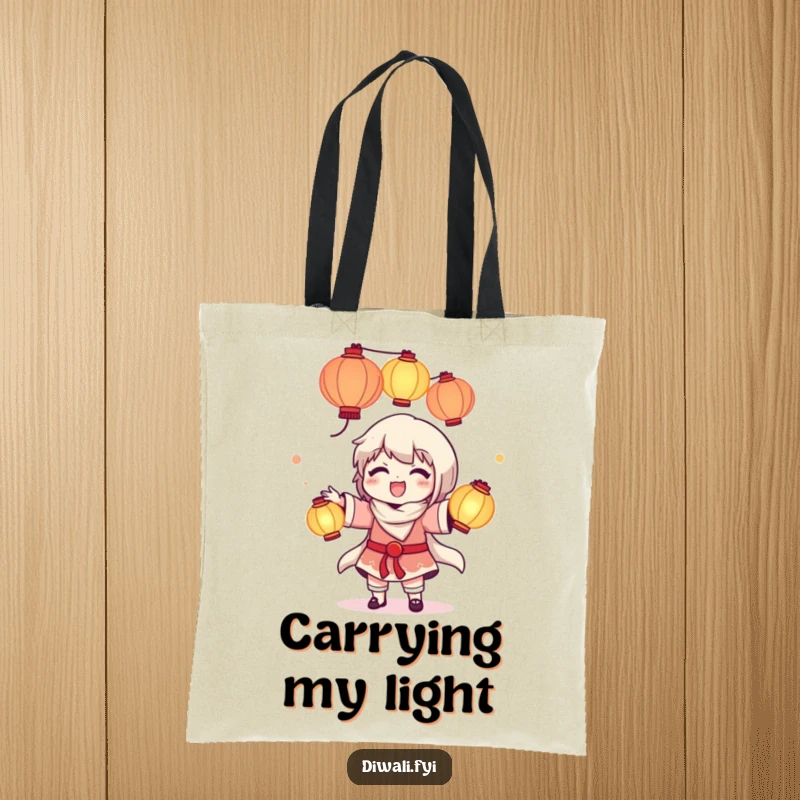 Funny tote bag with a delighted character juggling glowing lanterns, perfect for carrying daily items with a magical flair.