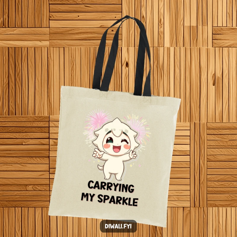 Funny fireworks pose tote bag with a smiling character striking a pose against fireworks, a functional and bold accessory.