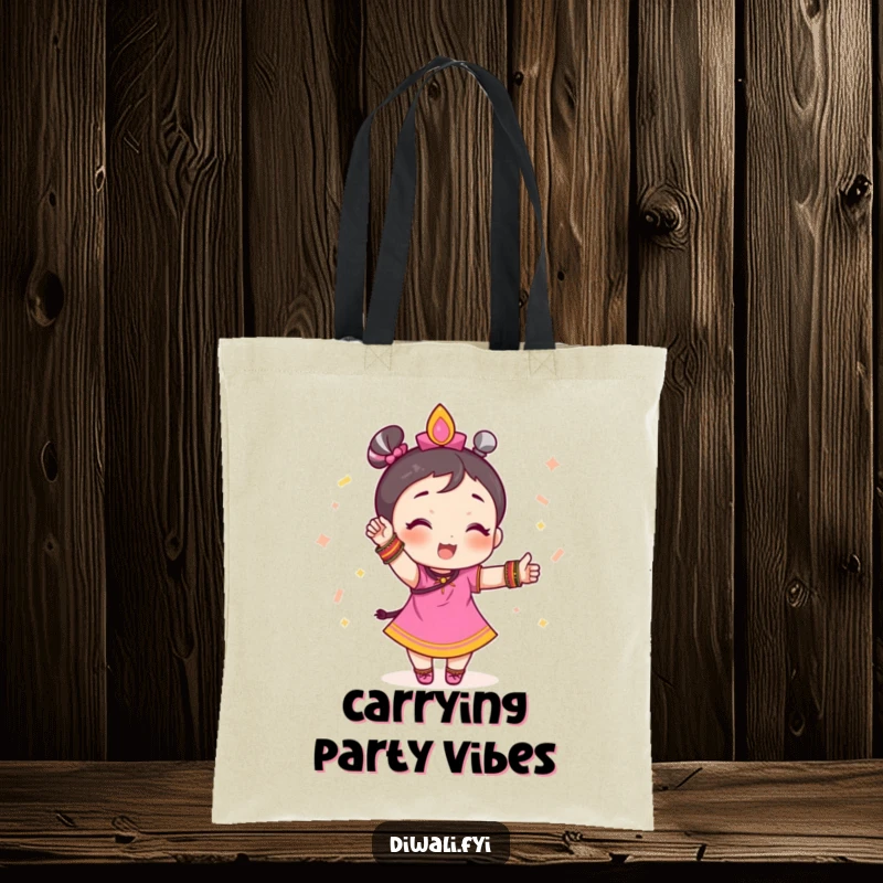 Funny tote bag depicting a small character adorned with festive bangles, striking an iconic celebratory pose, ready for events.