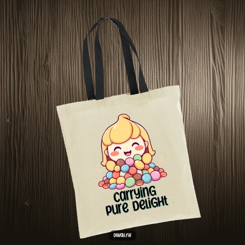 Funny tote bag with a happy character holding a mound of sweets, featuring a big, generous grin.