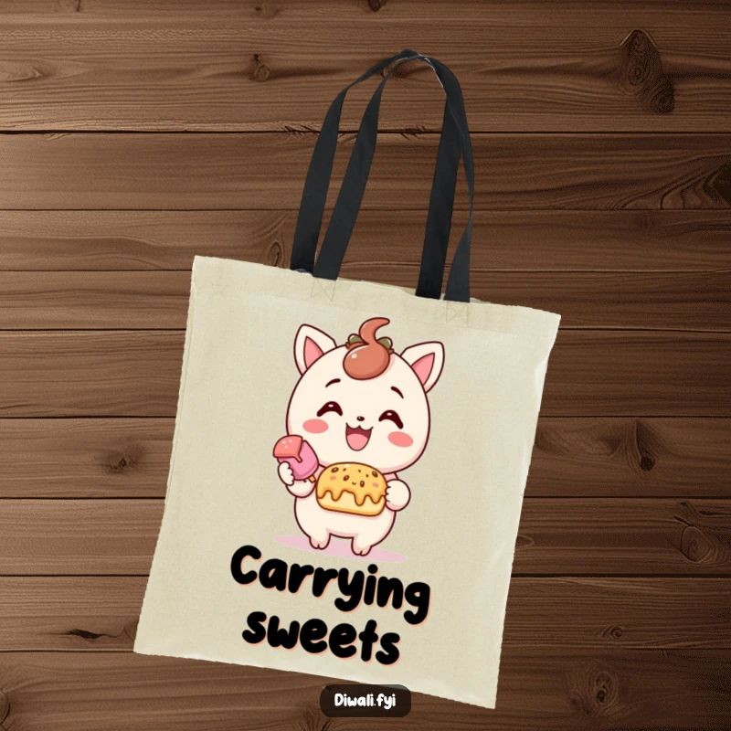 Funny treat offering tote bag, delighted character offering sweet treat with smile, cheerful accessory, practical foodie gift.